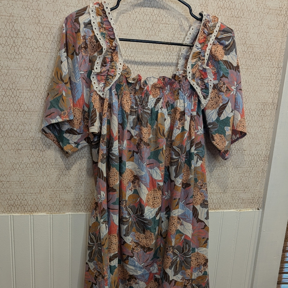 Jodifl Floral Boho Dress, Eyelet Lace Trim Ruffle Sleeve Knee Length Dress Large - Picture 3 of 8
